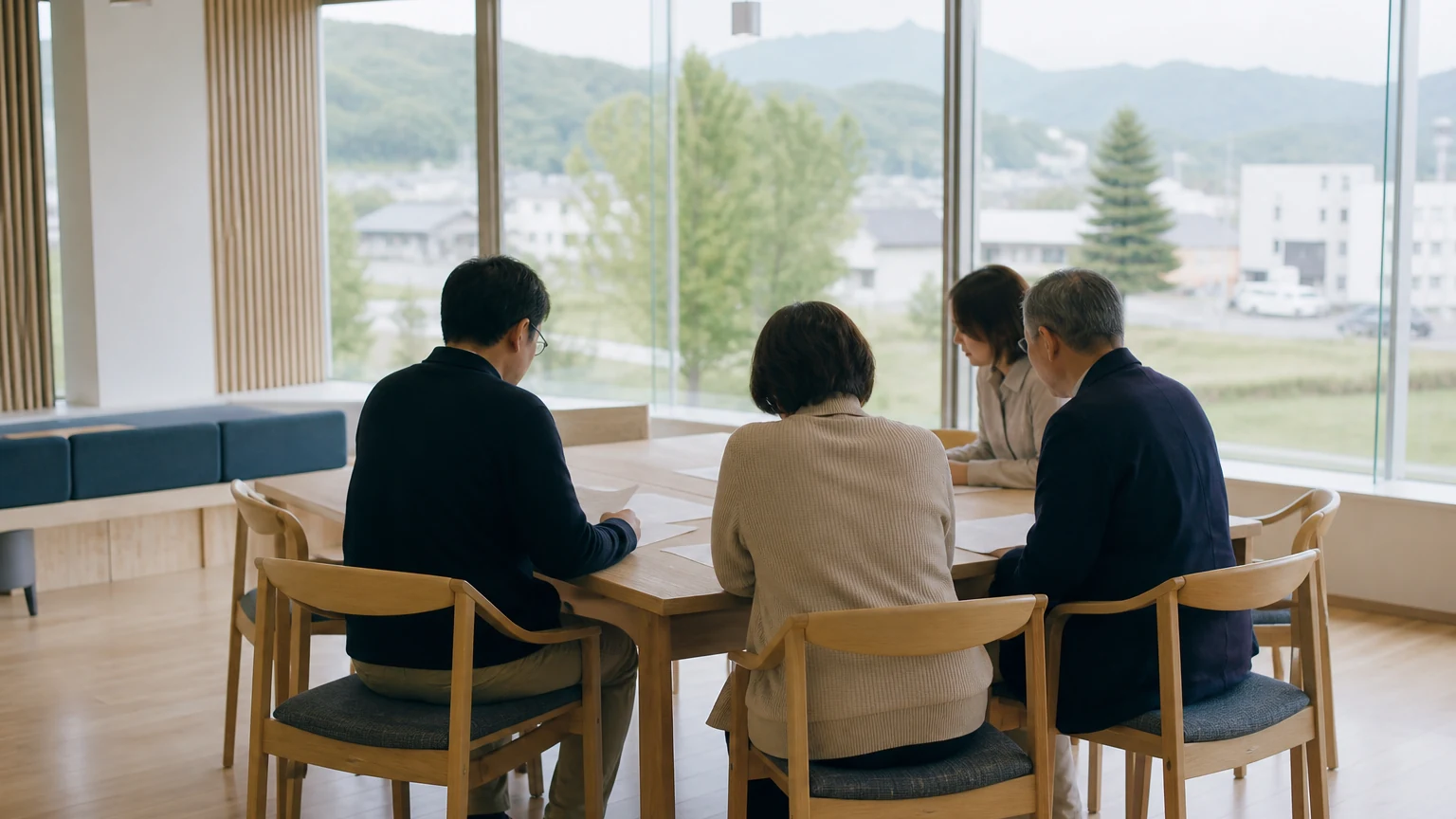 北海道のまちを望む会議室で地域協働を話し合う人々の後ろ姿